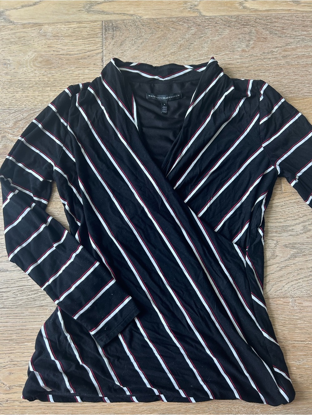 White House Black Market Black Long-Sleeve Wrap Top with White and Red Stripes